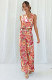 Square Neck Straps Crop Top Wide Leg Pants Floral Print Matching Sets