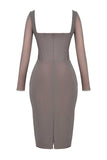 Square Neck Long Sleeve Embroidery Corset Bodycon Midi Dresses-Gray