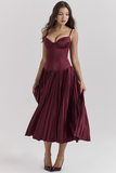 Irregular Neck Corset A-Line Pleated Hem Satin Slip Midi Dresses-Burgundy