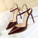 Burnished Plain Pointy Toe Ankle Strap Buckle Stiletto Heels