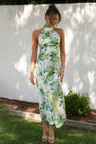 Floral Print Halter Backless Flowy Vacation Maxi Dresses