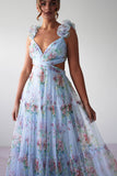 Frill Straps Cutout Tie Up Floral Print Tulle Maxi Dresses-Blue Pre Order