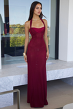 Halter Neck Corset Tie Up Backless Slim Fit Maxi Dresses-Burgundy