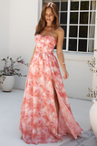 Floral Print Strapless High Slit Flowy Hem Maxi Dresses-Red