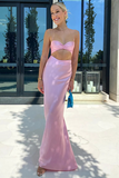 Spaghetti Strap Crop Top High Waist Plain Maxi Skirt Matching Set-Pink