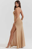 Stand Collar Backless High Slit Party Maxi Dresses-Khaki