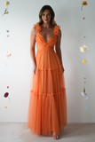 Petal Straps Deep V Neck Backless Tulle Gowns Maxi Dresses-Orange Pre Order