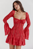 Lace Flared Sleeve Corset A-Line Ruffled Vacation Mini Dresses