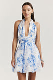 Allover Print Halter Backless Cinch Waist Mini Dresses-Blue Pre Order