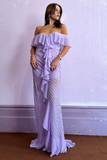 Off Shoulder Ruffled Slim Fit Textured Maxi Dresses-Purple