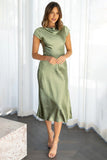 Satin Boat Neck Short Sleeve Backless Twisted Slit Flowy Bridesmaid Midi Dress