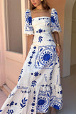 Square Neck Puff Sleeve Quilted Hem Boho Print Vacation Maxi Dresses-Blue