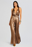 Deep V Neck Backless Pleated Wide Leg Bronzing Jumpsuit-Gold