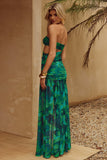 Strapless Cut Out Ruched Slit Floral Print Front Slit Maxi Dresses-Green