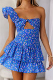 Ruffled One Shoulder Cutout Ditsy Floral Print Tiered Ruffled Hem Mini Dresses-Blue