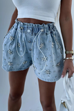 Drawstring Elastic Waist Heart-Shaped Rhinestone Pocket Denim Casual Shorts-Blue