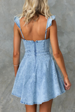 Ruffled Straps A-Line Denim Mini Dresses-Blue