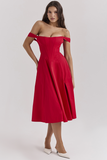 Dropped Shoulder Corset A-Line Slit Solid Color Midi Dresses-Red