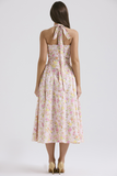 Sleeveless Halter Floral Print Corset A-Line Garden Party Midi Dresses-Pink