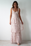 Tie Up Straps Cinch Waist Floral Print Tiered Maxi Dresses-Pink