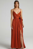 V Neck Knotted Split Gown Slip Maxi Dresses