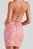 Sequin Pattern Bodycon Lace Up Open Back Party Slip Mini Dresses-Pink