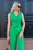 V Neck Button Up Vest Solid Color Pants Matching Set-Green