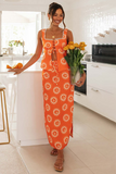 Abstract Pattern Square Neck Tie Up Tank Top Slit Maxi Skirt Matching Set-Orange