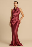 Halter Cowl Neck Backless Gown Party Maxi Dresses-Burgundy