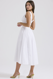 Deep V Neck Cinch Waist Solid Color Midi Tank Dresses-White