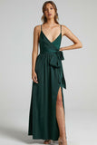 V Neck Knotted Split Gown Slip Maxi Dresses