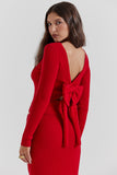 Pit Knit Long Sleeve Ribbon Back Crop Top Solid Midi Skirt Matching Set-Red