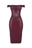 Faux Leather Pleated Neckline Corset Bodycon Cocktail Party Midi Dresses-Burgundy