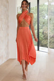 Halter Bow Sleeveless Top Pleated Irregular Hem Midi Skirt Vacation Matching Set