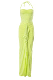 Ruched Ruffle Halter Slit Bodycon Evening Maxi Dresses