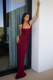 Halter Neck Corset Tie Up Backless Slim Fit Maxi Dresses-Burgundy