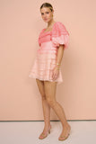 Square Neck Puffy Sleeve Ombre Tiered Backless Mini Dresses-Pink