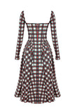 Plaid Pattern Long Sleeve Corset A-Line Pleated Midi Dresses-Red