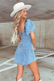 Square Neck Puff Sleeve A-Line Denim Mini Dresses-Blue