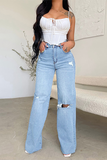 Denim Frayed Ripped Straight Leg Jeans-Blue