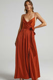 V Neck Knotted Split Gown Slip Maxi Dresses