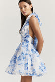 Allover Print Halter Backless Cinch Waist Mini Dresses-Blue Pre Order