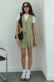 Solid Color V Neck Button Up Waistcoat Pleated Mini Skirt Matching Set-Brown