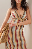 Halter V Neck Backless Boho Pattern Knit Slim-Fit Vacation Maxi Dresses-Beige