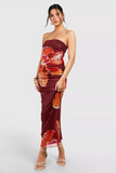 Floral Print Slim Fit Maxi Tube Dresses-Red