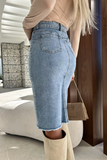 High Waist Bodycon Front Slit Raw Edge Denim Midi Skirt-Blue