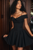 Cold Shoulder Corset A-Line Pleated Hem Cocktail Party Slip Mini Dresses-Black